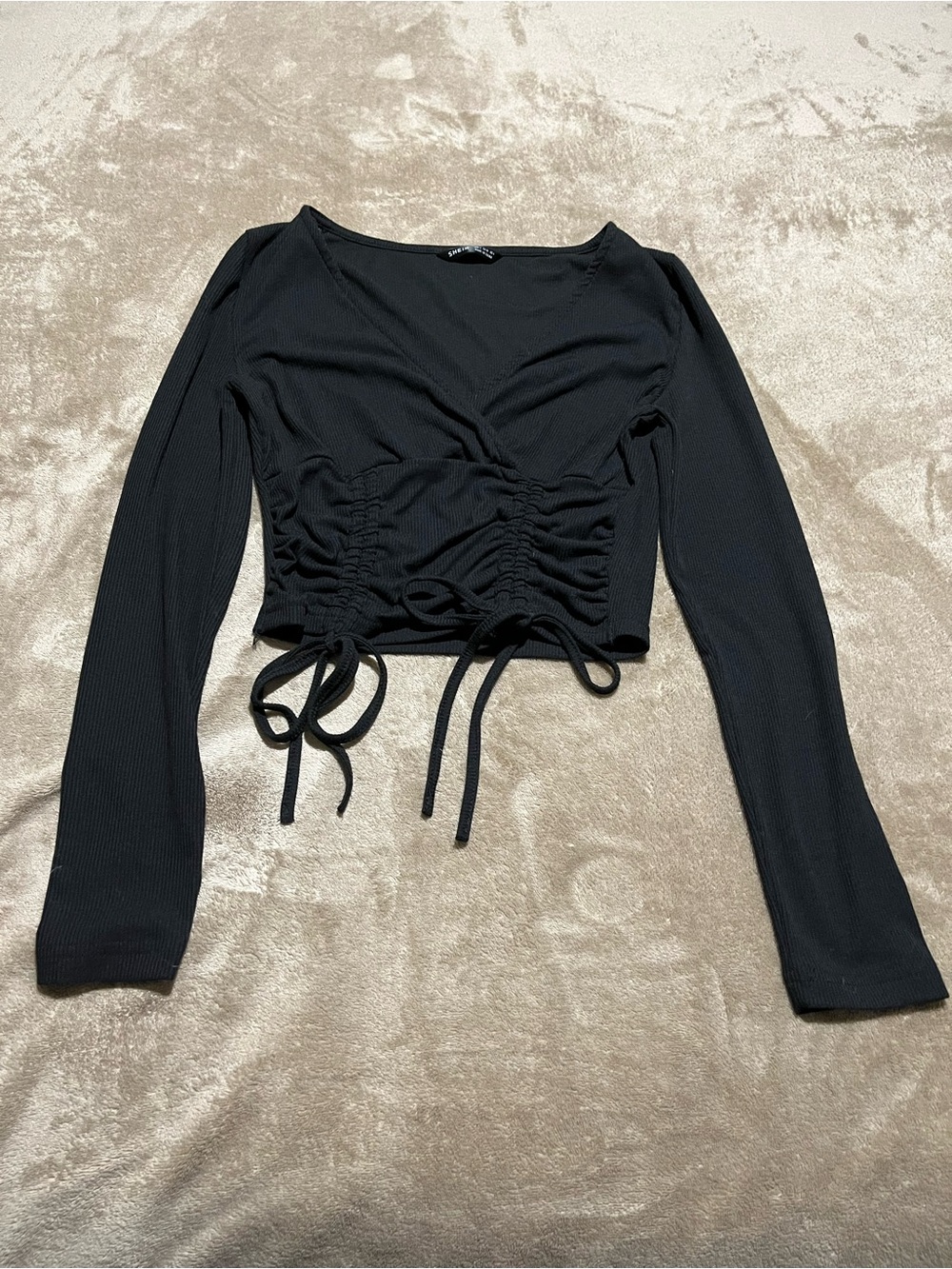 SHEIN Ruched Front Long-Sleeve Crop Top - Black-Size S